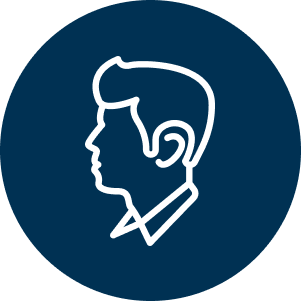 A blue circle icon with white outlines of a man's side profile on a dark blue circular background.