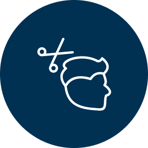 white scissor and man line icon on blue background
