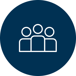 A blue circle icon with white outlines of three stylized figures symbolizing community